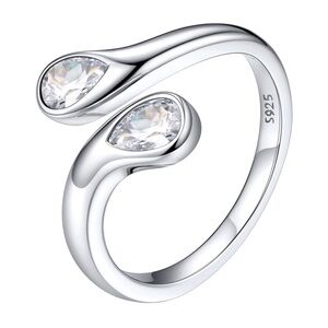 SILVORA 925 Sterling Silver Adjustable Ring Wrap 2 Pear Shaped CZ Gemstones